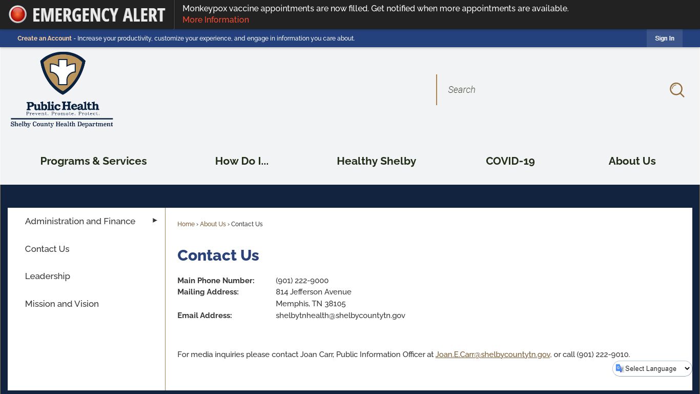 Contact Us | Shelby County Health Dept., TN